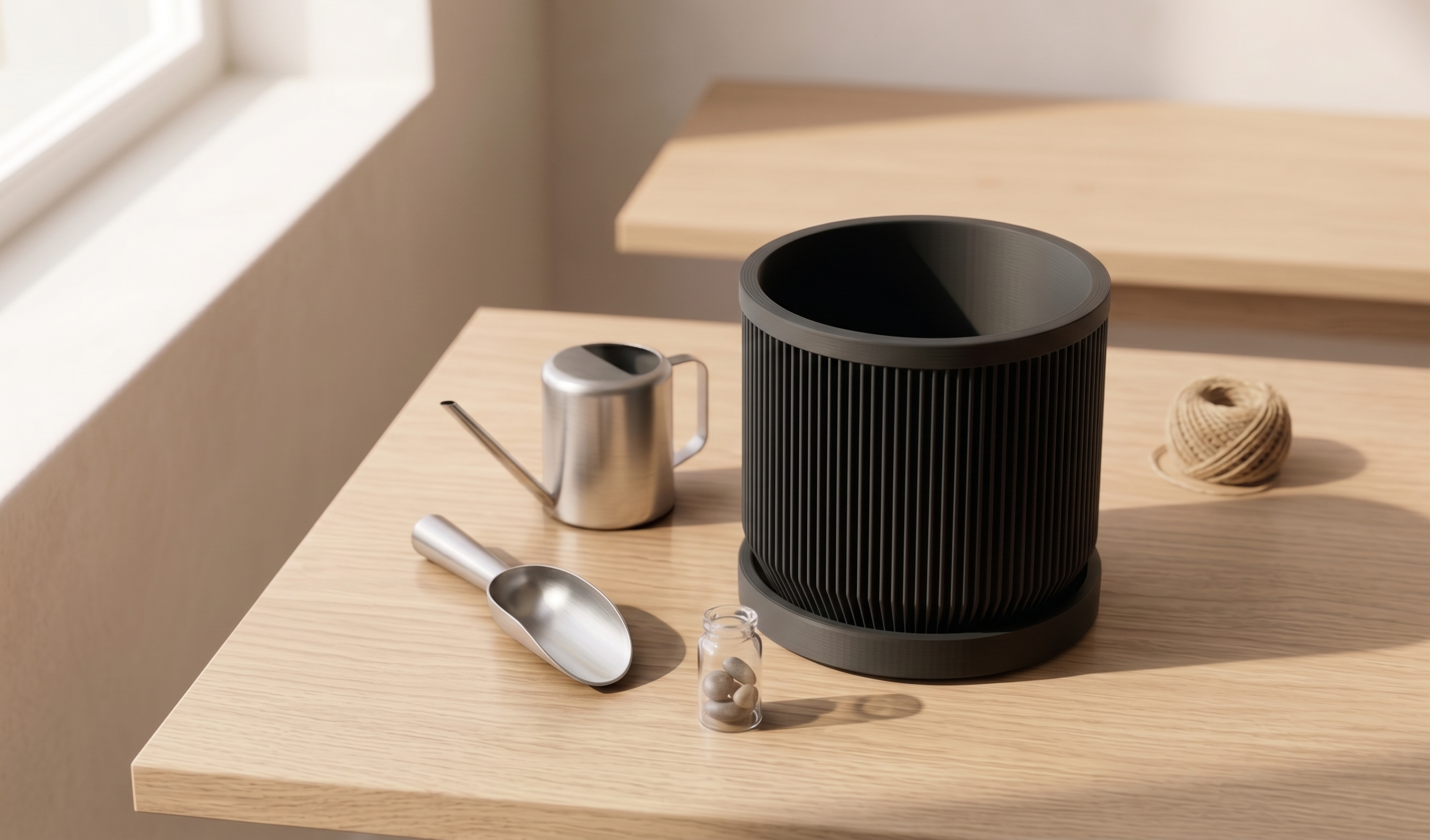 Black cylindrical container on a wooden surface